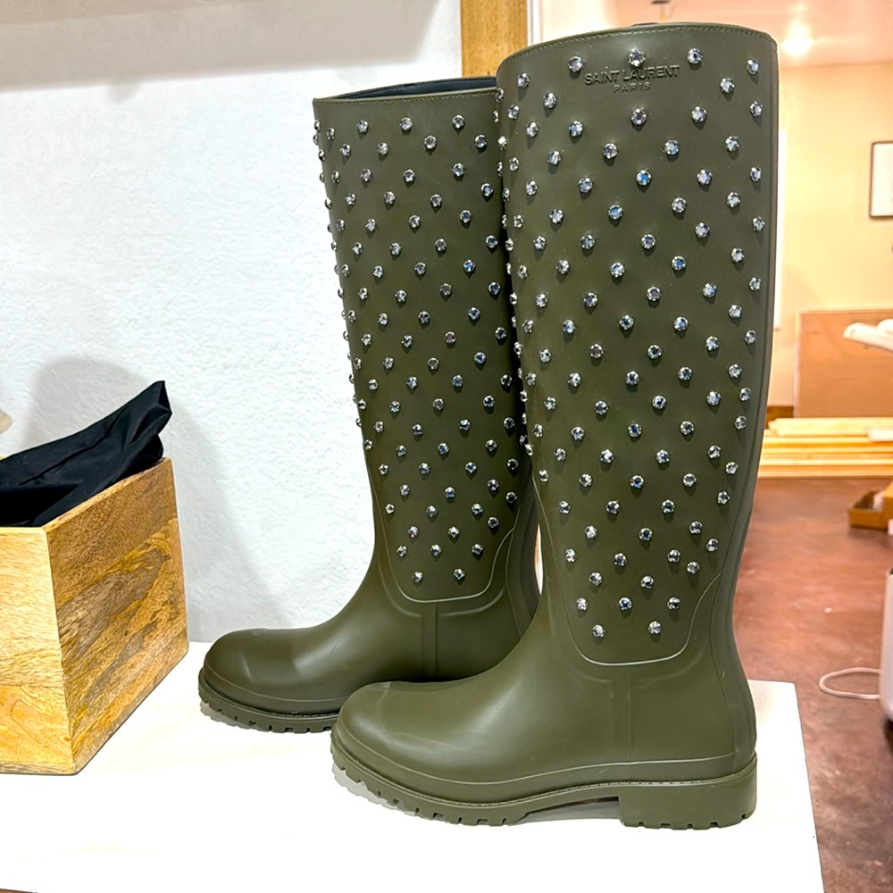 Saint Laurent khaki  studded rain boots fonce-37 New never worn